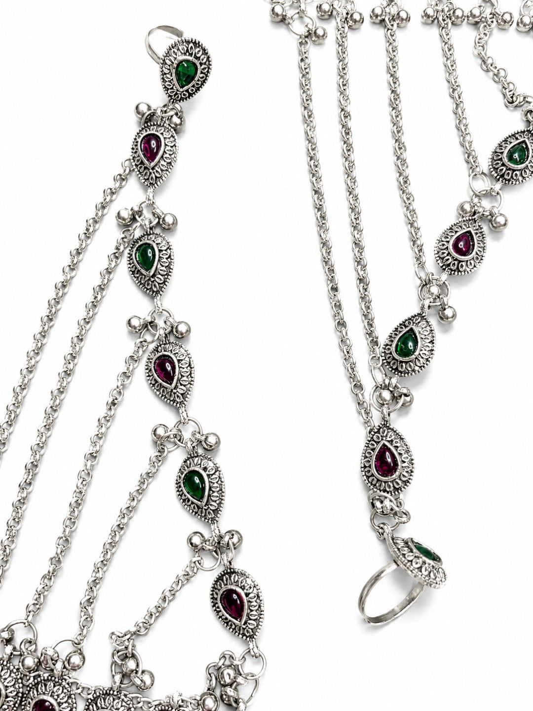 Women Oxidised Silver-Plated Pink Kundan Stone-Studded Layered Anklet with Toe Ring