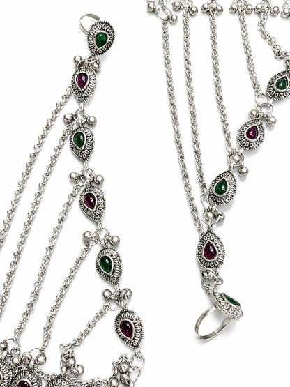 Women Oxidised Silver-Plated Pink Kundan Stone-Studded Layered Anklet with Toe Ring