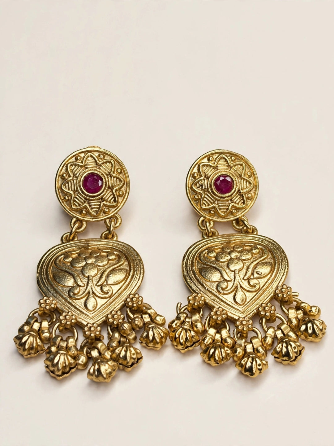 Gold-Plated Red Kundan Stone Floral Drop Statement Earrings