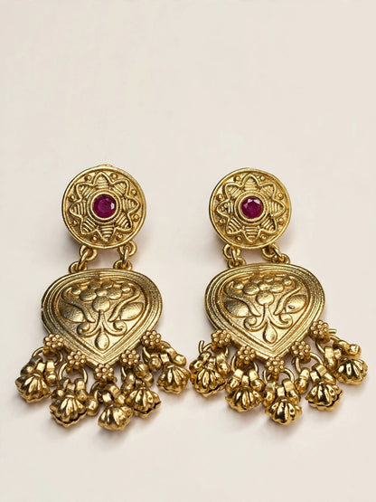 Gold-Plated Red Kundan Stone Floral Drop Statement Earrings
