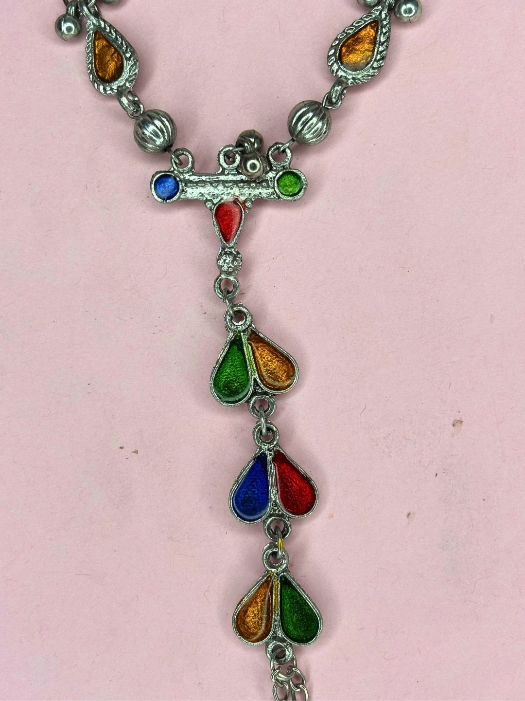 Oxidised Silver-Plated Multicolour Teardrop Stone Haath Phool Hand Harness Bracelet