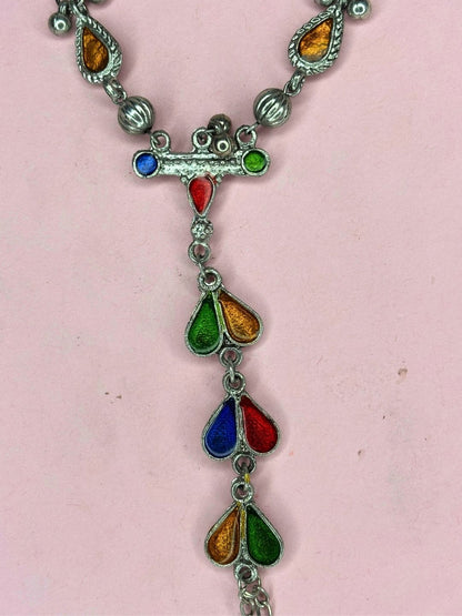 Oxidised Silver-Plated Multicolour Teardrop Stone Haath Phool Hand Harness Bracelet