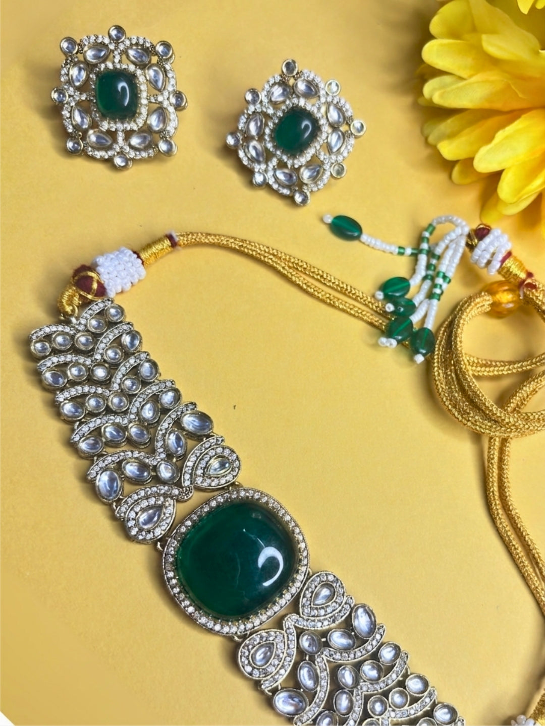 VIVAZS Green Kundan-Studded Cubic Zirconia Golden Necklace Set