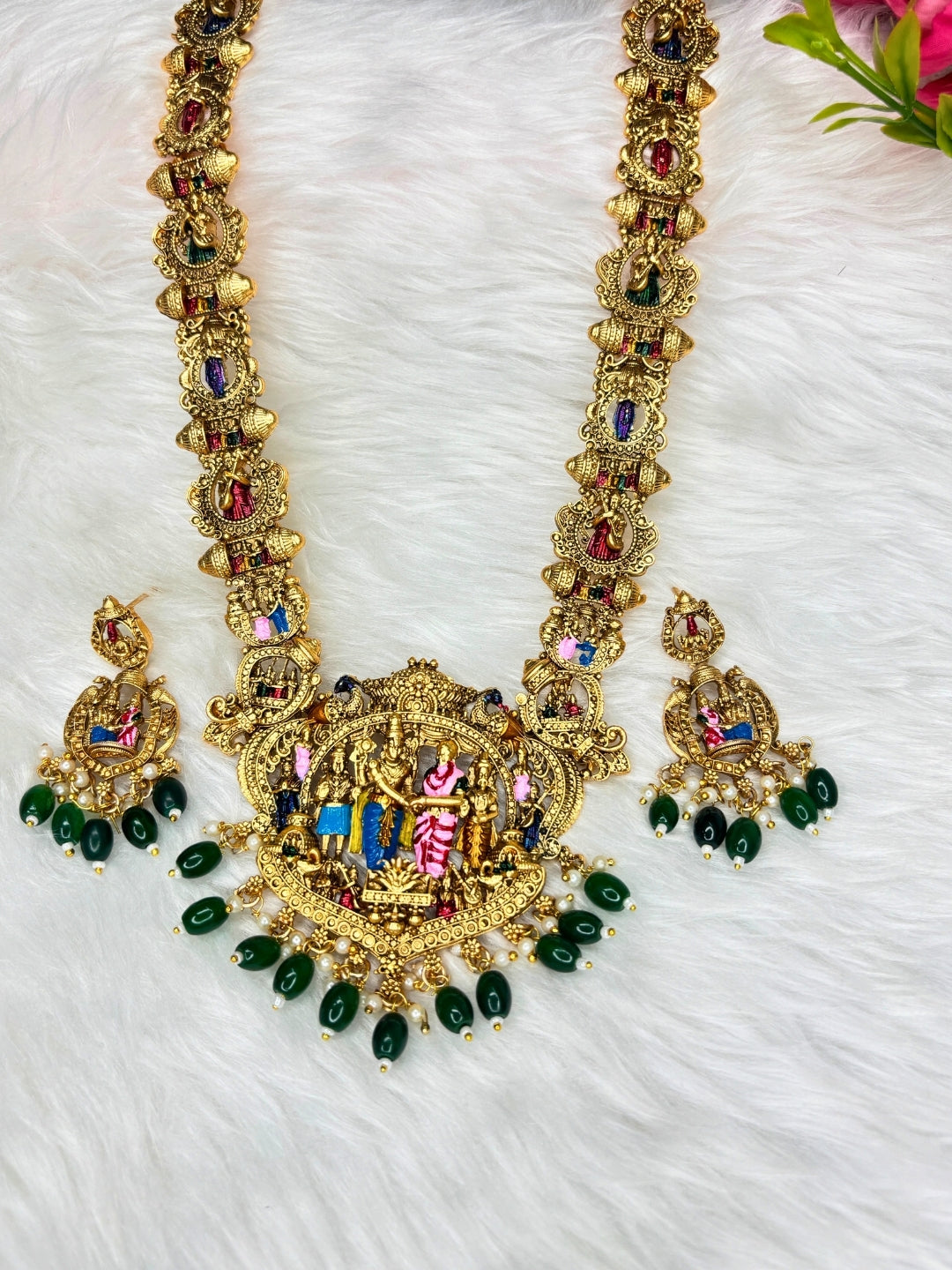 Gold-Plated Traditional Srinivasa Kalyana Bridal Long Haram With Earring Temple Jewellery Set
