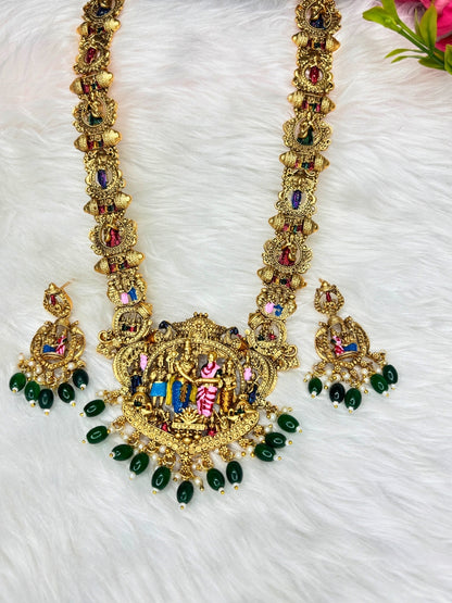 Gold-Plated Traditional Srinivasa Kalyana Bridal Long Haram With Earring Temple Jewellery Set