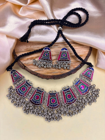 Oxidised Silver-Plated Multicolour Tribal Choker Jewellery Necklace Set