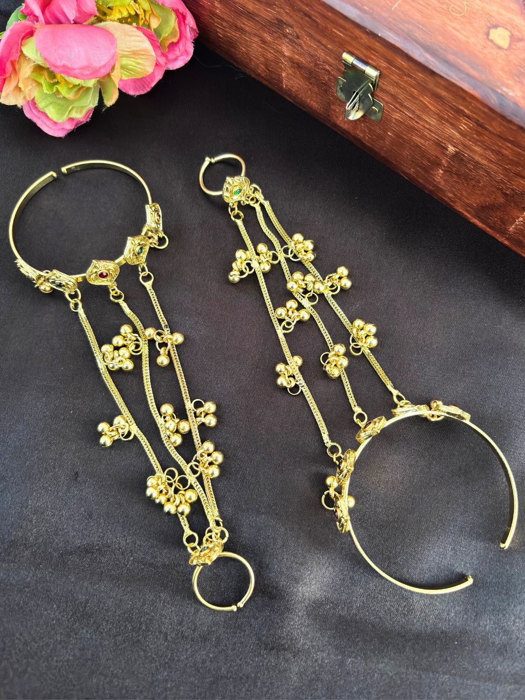 VIVAZS Gold-Plated Kundan Ring Bracelet With Hathphool