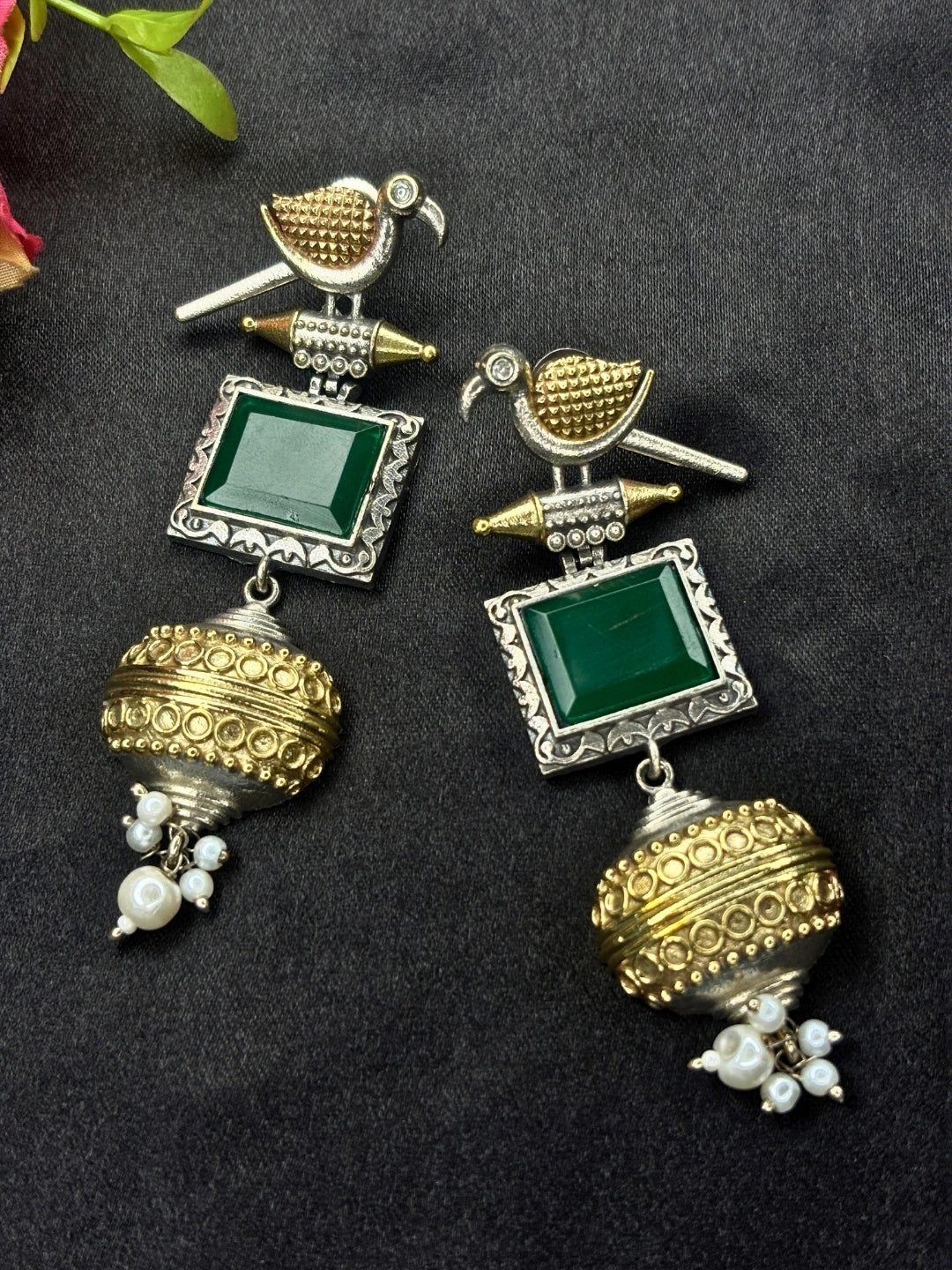 Silver & Gold Dual-Plated Oxidised Long Green Stone Contemporary Bird Jhumkas Earrings