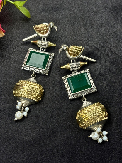 Silver & Gold Dual-Plated Oxidised Long Green Stone Contemporary Bird Jhumkas Earrings