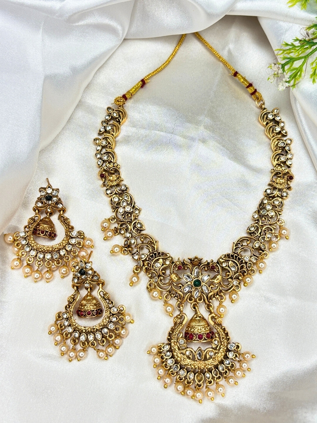 Gold-Plated Kundan Stone-Studded Peacock & Jhumka Pendant Necklace Jewellery Set