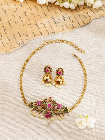 Gold-Plated Ruby & Emerald CZ Studded Temple Jewellery Set