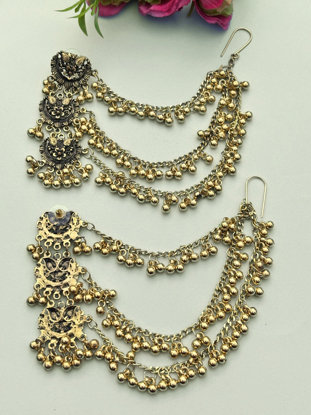 VIVAZS Oxidised 3 Layered EarChain Drop Earrings