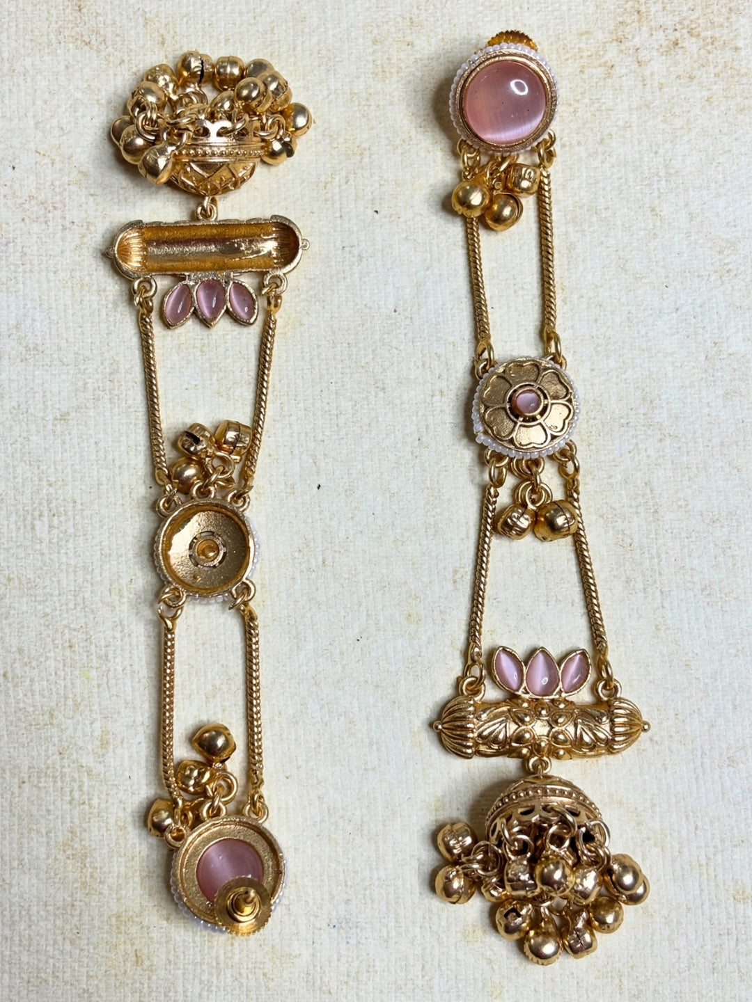 Gold-Plated Pink Kundan Stone Studded Long Chain Kashmiri Jhumka Earrings