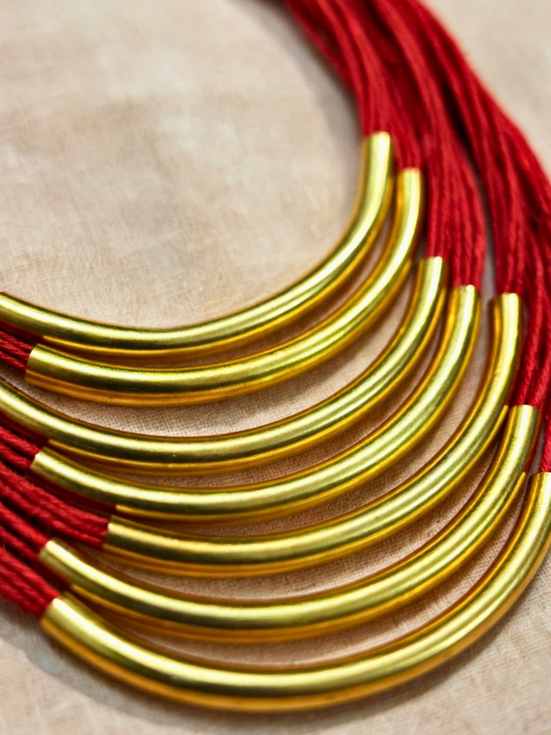 Gold-Plated Oxidised Statement Red Thread Layered Jute Necklace