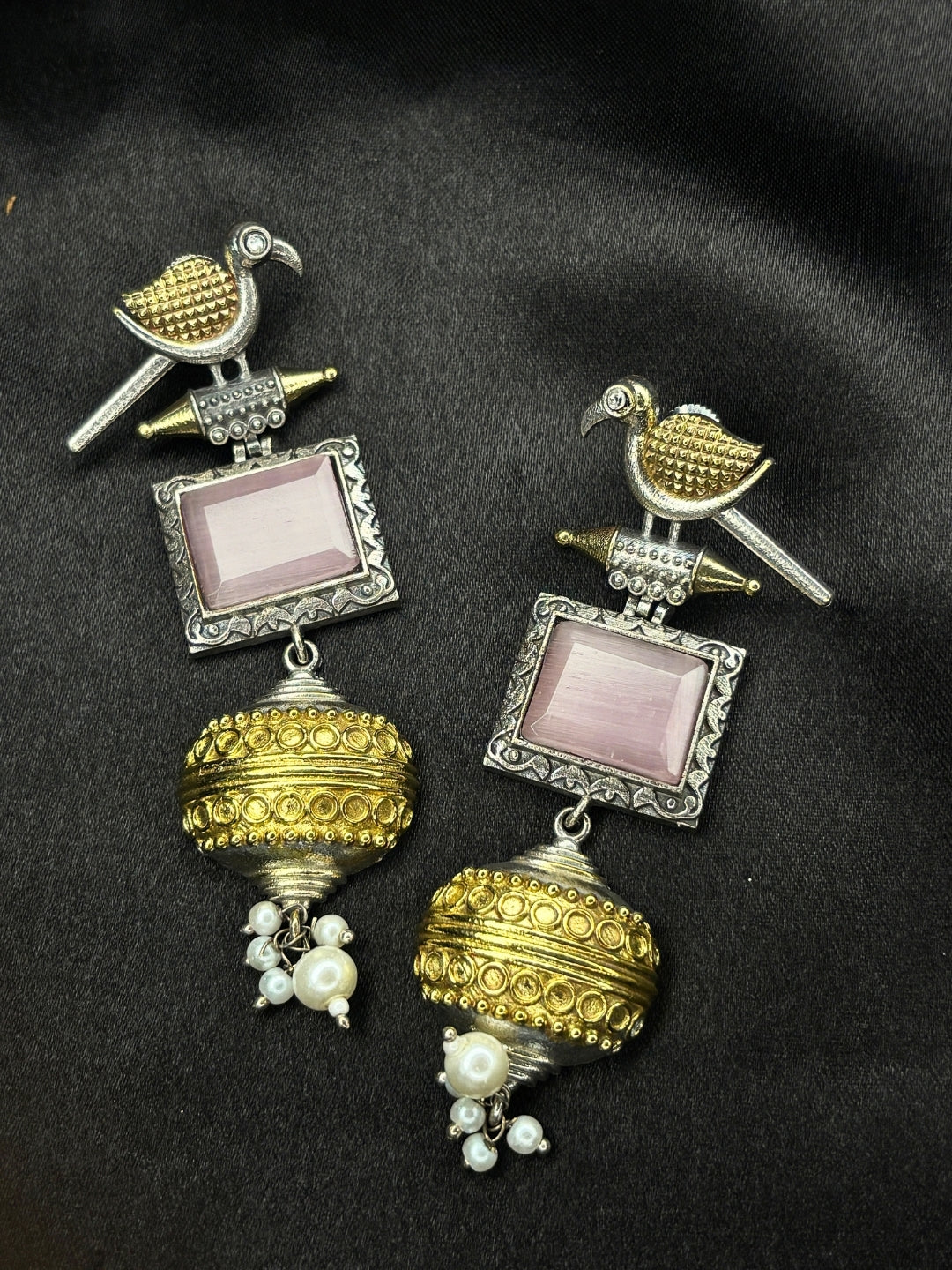 Silver & Gold Dual-Plated Oxidised Long Pink Stone Contemporary Bird Jhumkas Earrings