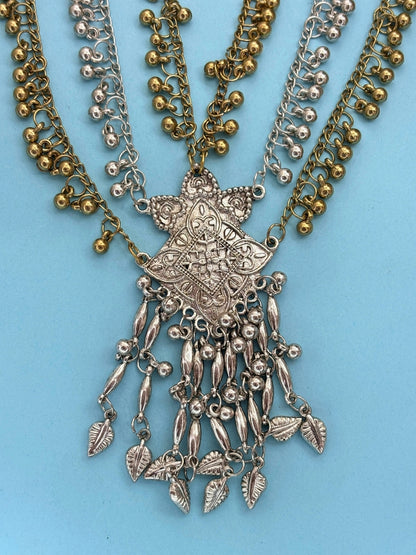 Dual-Tone Silver-Plated Oxidised Long Layered Necklace