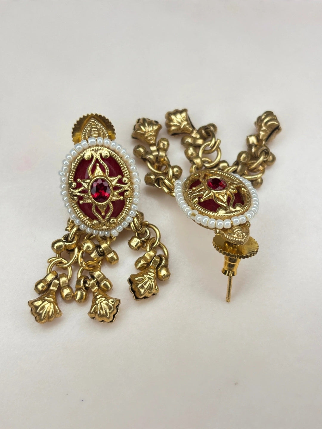 Gold-Plated Red Kundan Stone Contemporary Stud Earrings