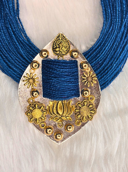 Gold-Plated Oxidised Statement Blue Thread Jute Necklace