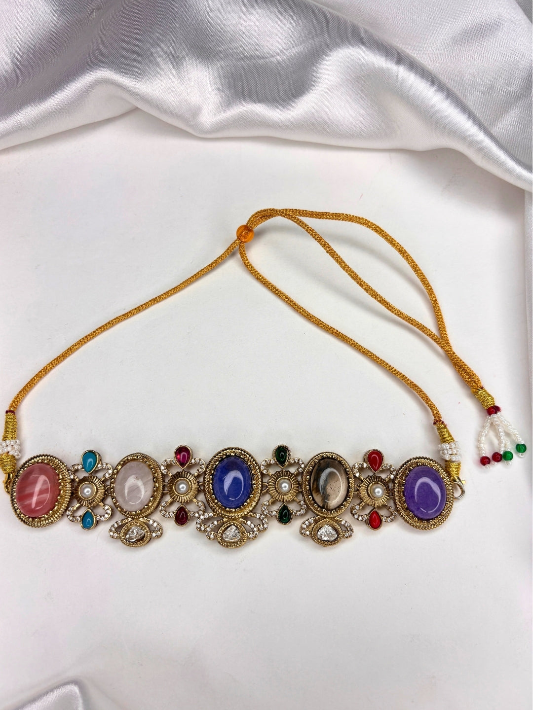 Gold-Plated Multicolour Stone Studded Traditional Choker Necklace Jewellery Set