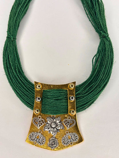 Gold-Plated Oxidised Statement Green Thread Jute Necklace