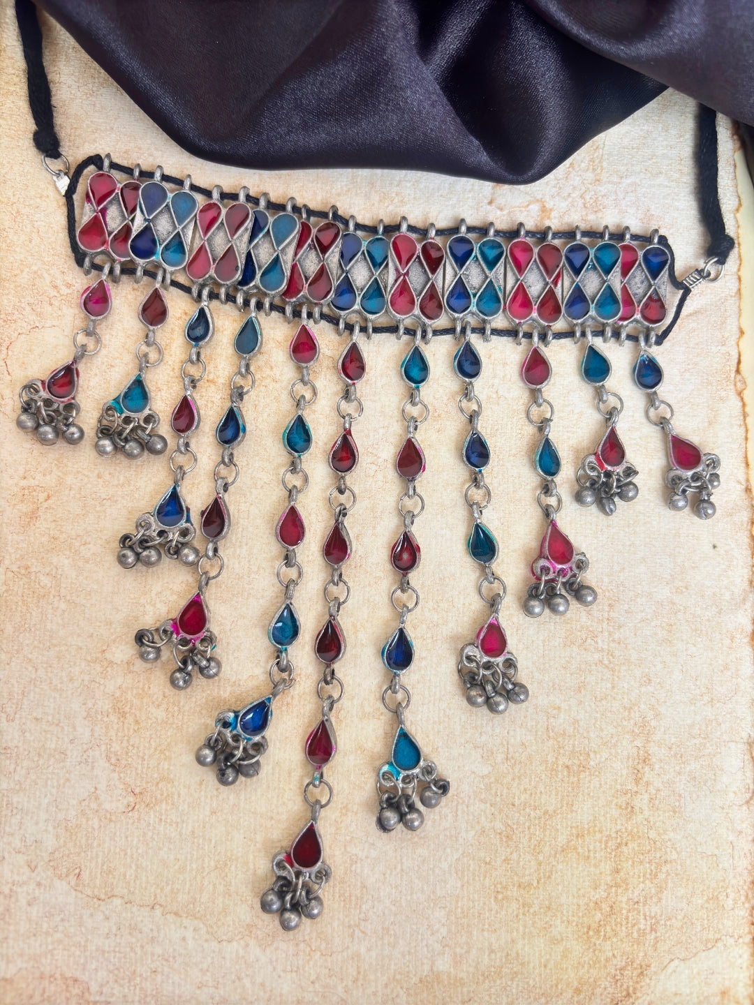 Oxidised Silver Multi-Colour Stone Choker Necklace