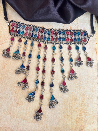Oxidised Silver Multi-Colour Stone Choker Necklace
