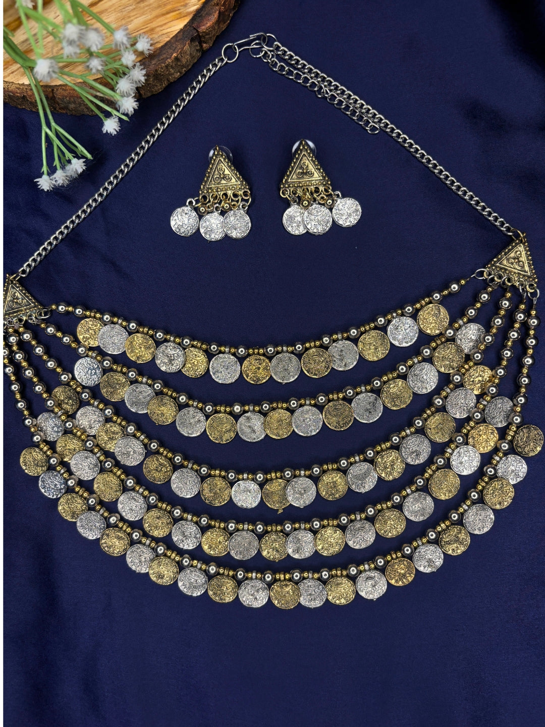 Oxidised Dual-Toned Antique Coin Layered Statement Necklace Jewellery Set
