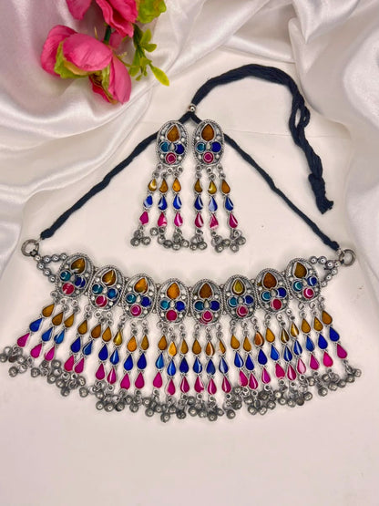 Silver-Plated Oxidised Stone-Studded Statement Necklace Set
