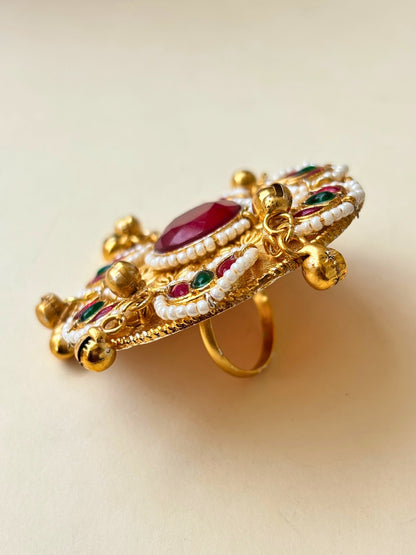 Gold-Plated Red Stone Kundan Floral Statement Ring
