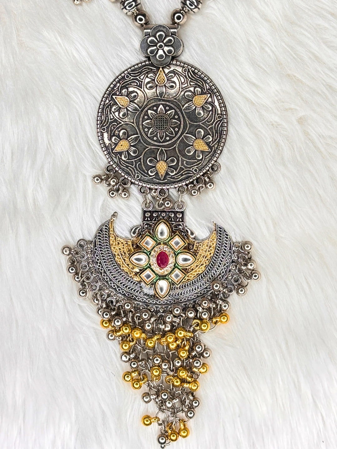 Dual-Tone Silver & Gold-Plated Oxidised Tribal Statement Necklace Set