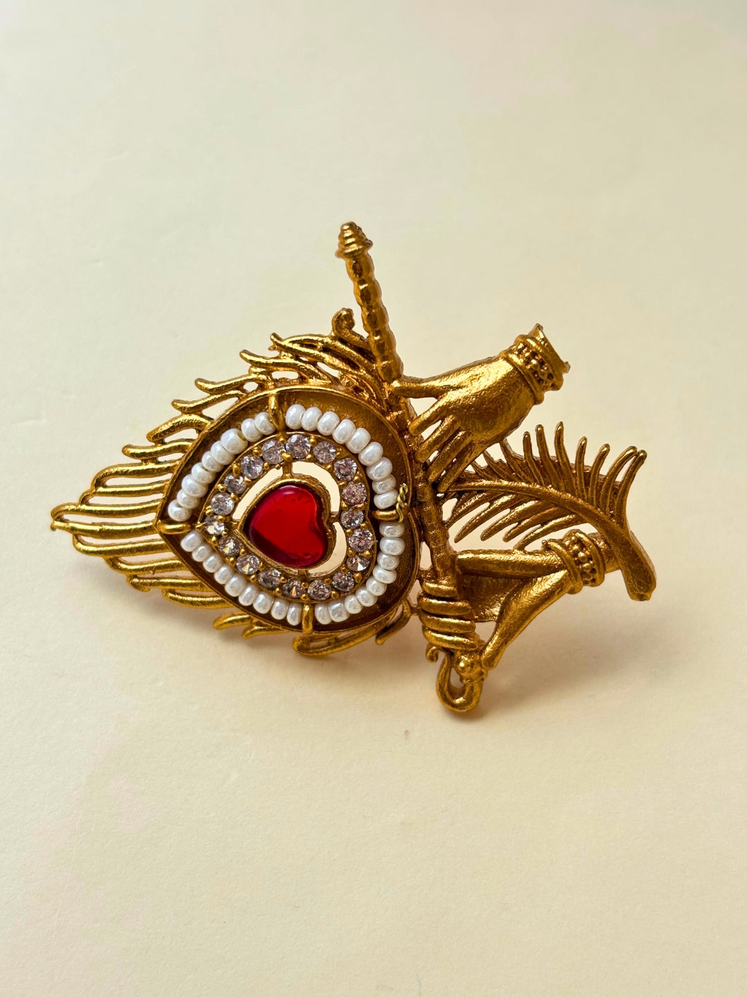 Gold-Plated Red AD stones Studded &  Peacock Feather shaped Adjustable Statement Ring
