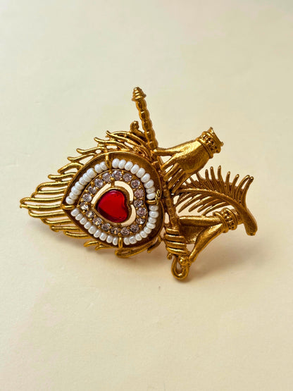 Gold-Plated Red AD stones Studded &  Peacock Feather shaped Adjustable Statement Ring