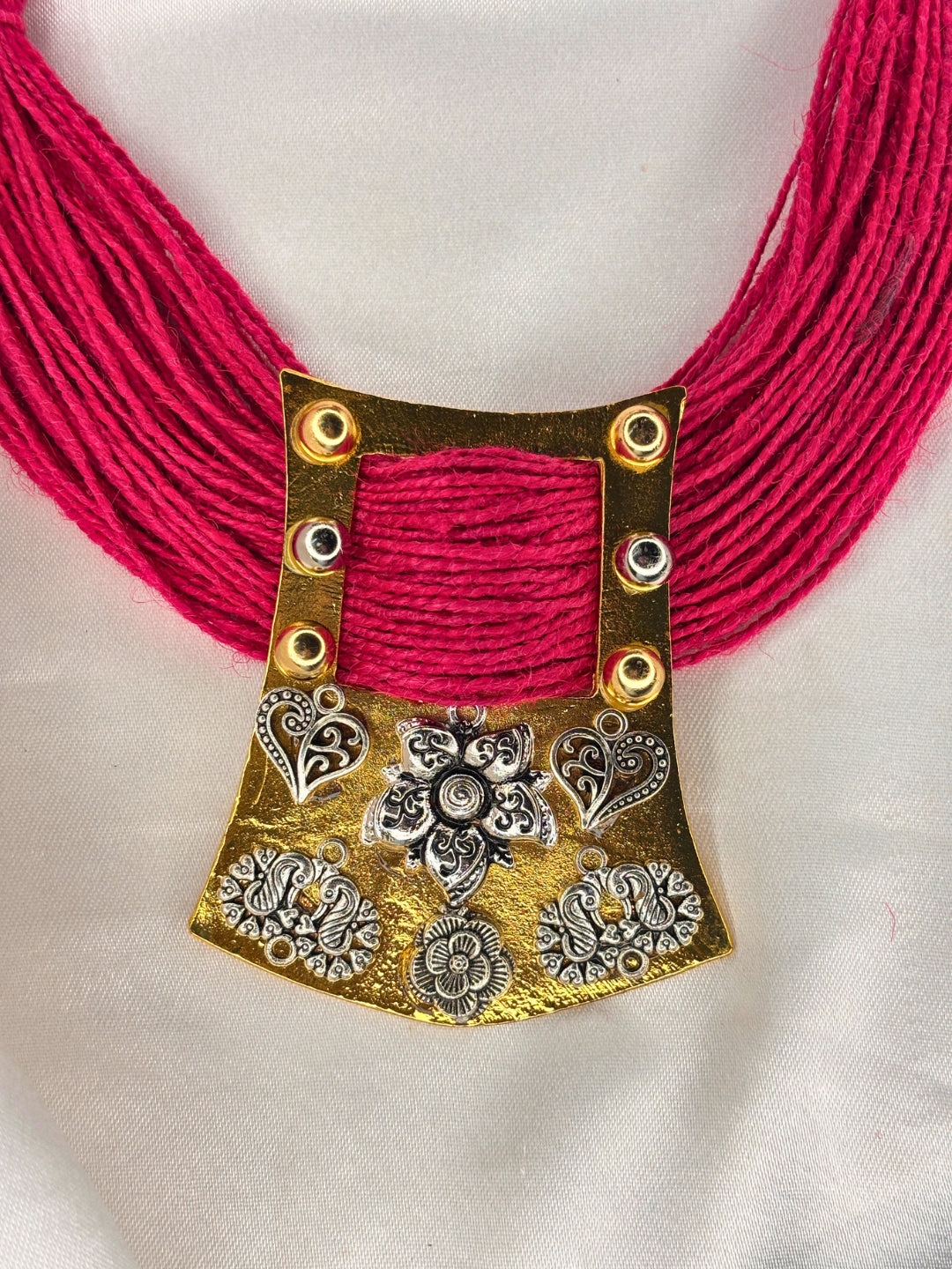 Gold-Plated Oxidised Statement Pink Thread Jute Necklace