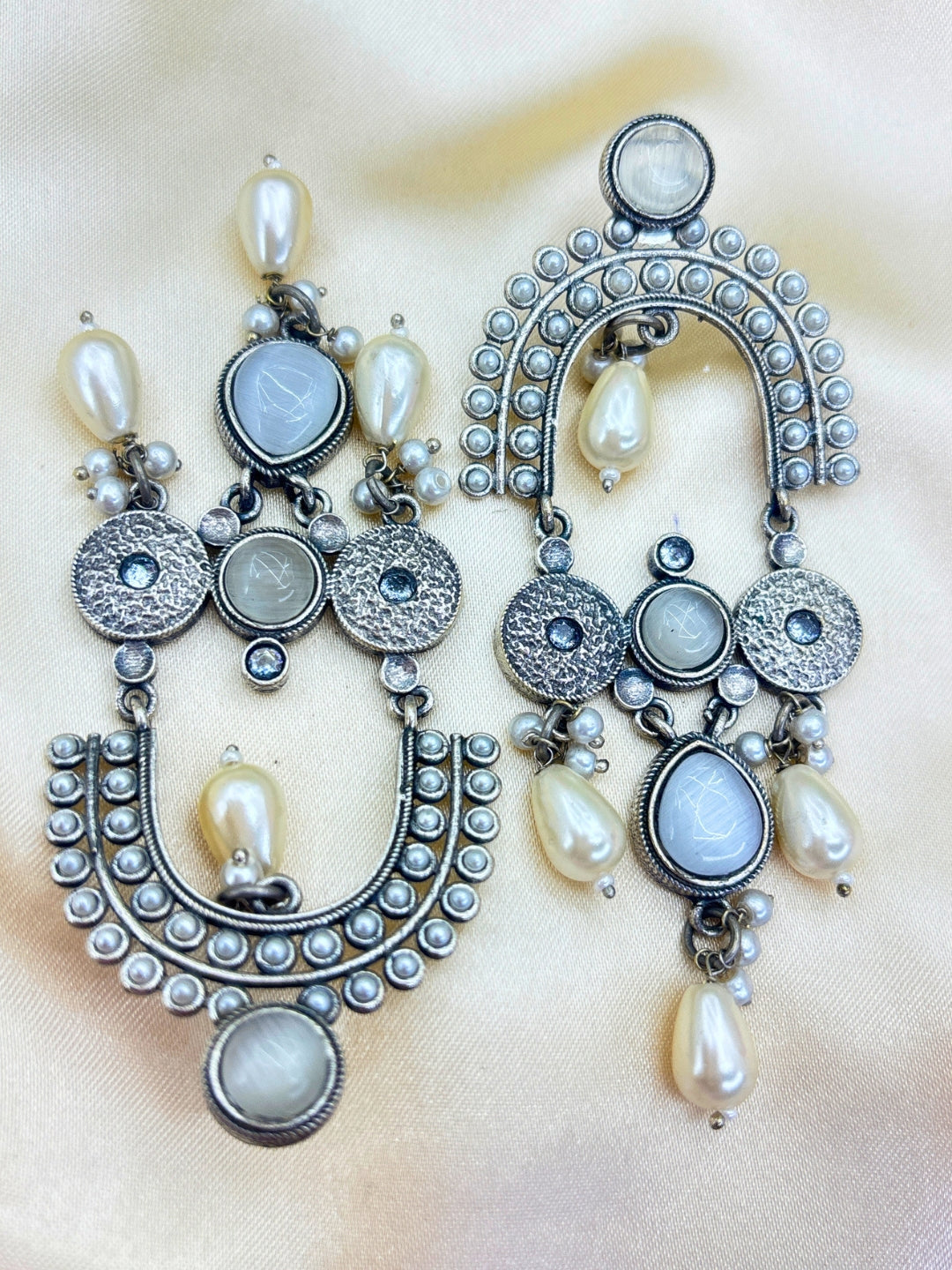 White Stone & Pearl Embellished Oxidised Statement Chandbali Earrings