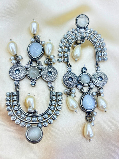 White Stone & Pearl Embellished Oxidised Statement Chandbali Earrings