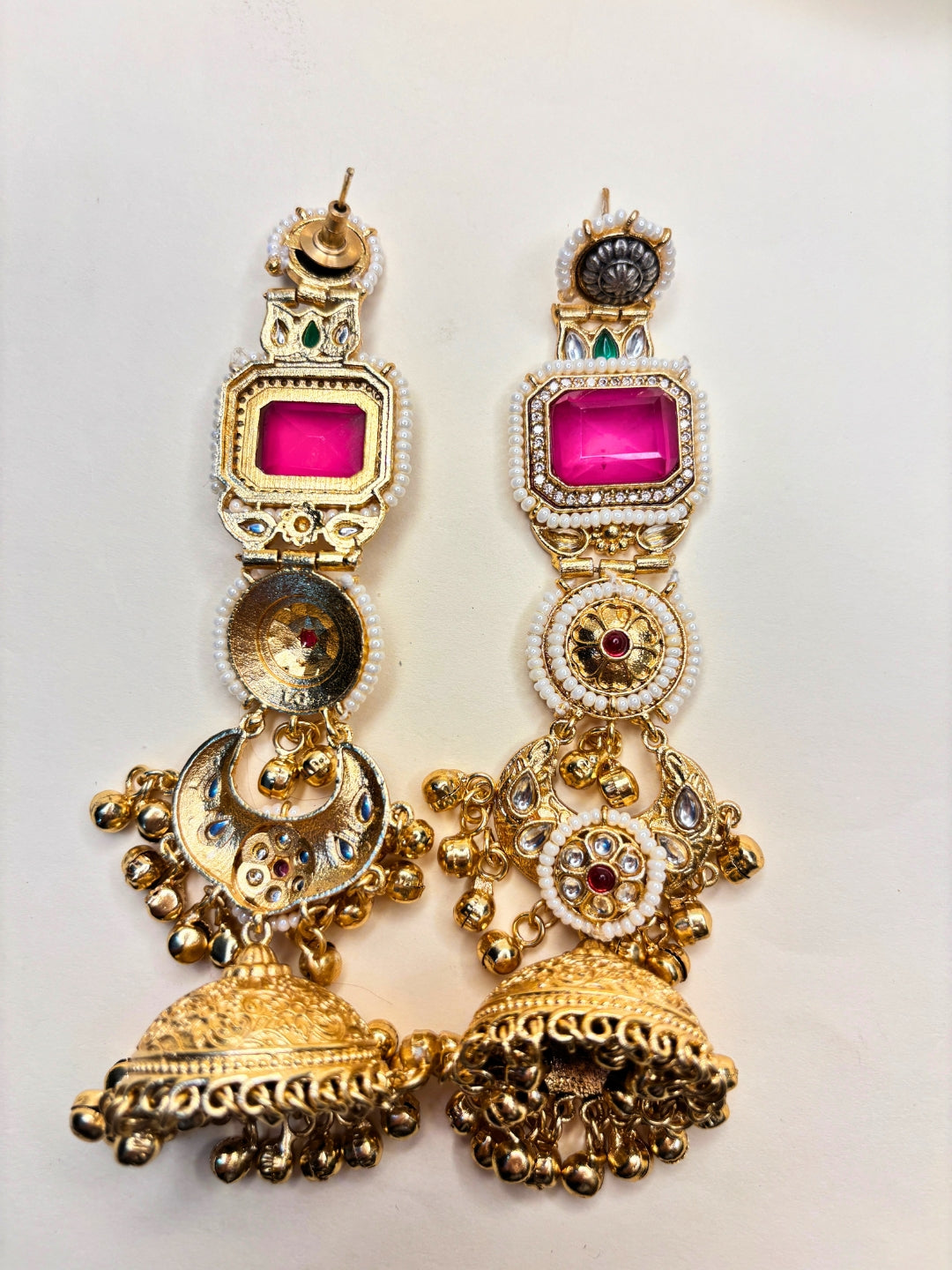 Gold-Toned Kundan & Pink Stone Embellished Pearl Jhumka Drop Earrings