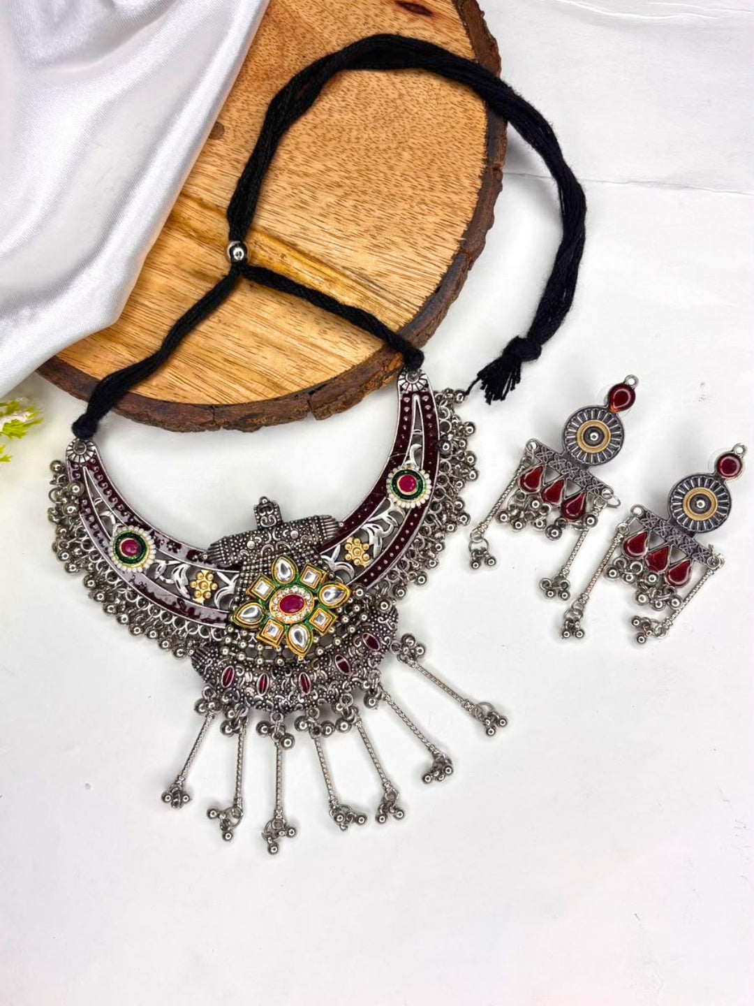 Silver-Plated Oxidised Red Stone-Studded Statement Necklace Set