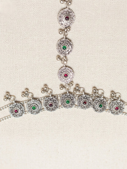 Women Oxidised Silver-Plated Pink Kundan Stone-Studded Anklet with Toe Ring