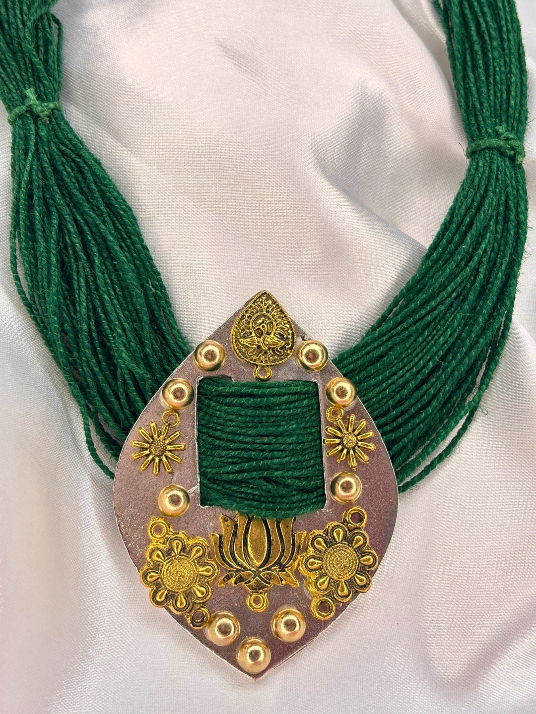 Gold-Plated Oxidised Statement Green Thread Jute Necklace