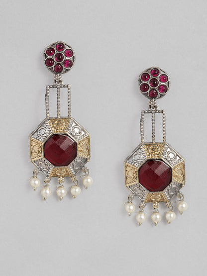 VIVAZS Dual Tone Red Ruby Studded Oxidised Necklace & Earrings Set