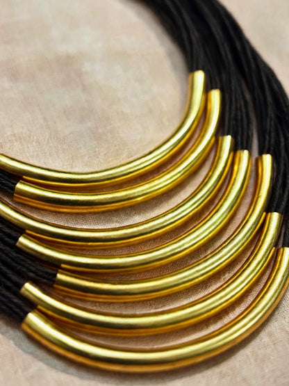 Gold-Plated Oxidised Statement Black Thread Layered Jute Necklace