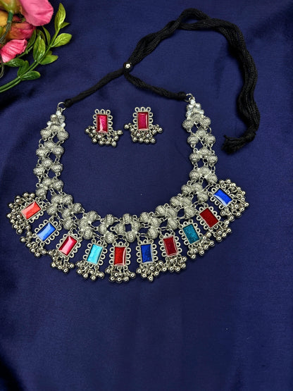 Oxidised Silver-Plated Multicolour Stone Embellished Statement Choker Necklace Jewellery Set