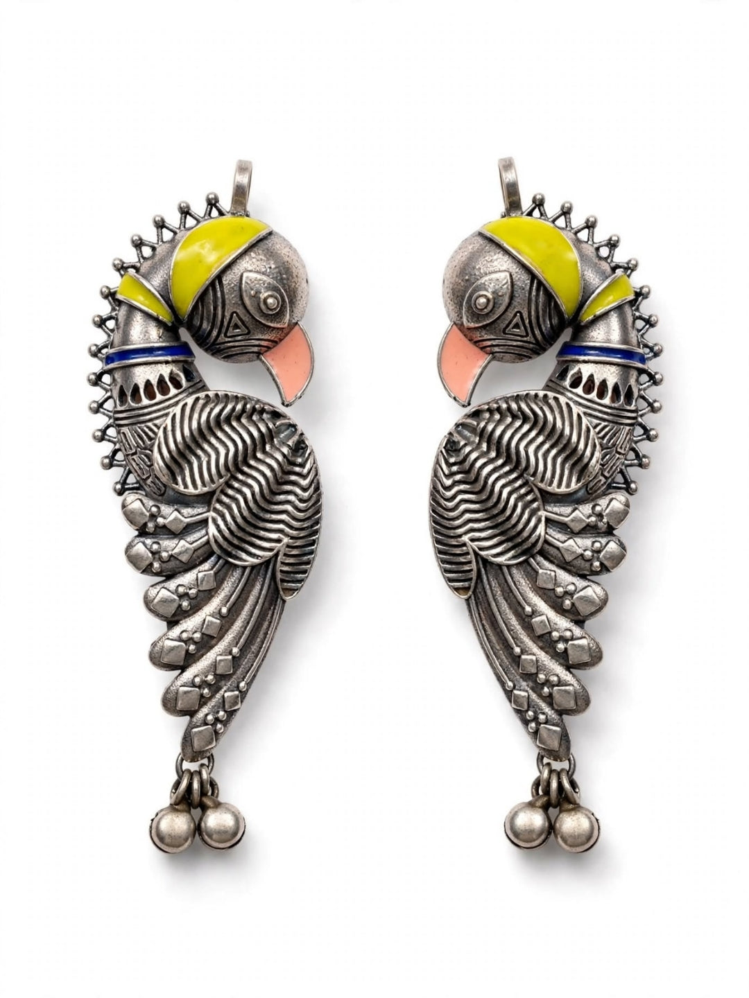 Oxidised Silver-Plated Multicolour Parrot Design Pearl Drop Statement Earcuff