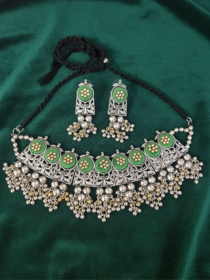 VIVAZS Silver-Plated Oxidised Choker Necklace and Earrings(Green)