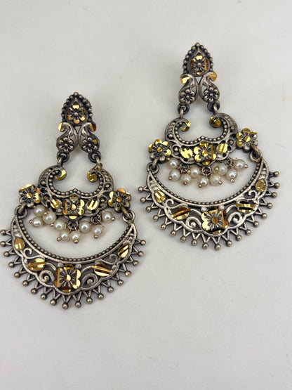Oxidised Silver-Plated Floral & Pearl Embellished Statement Chandbali Earrings