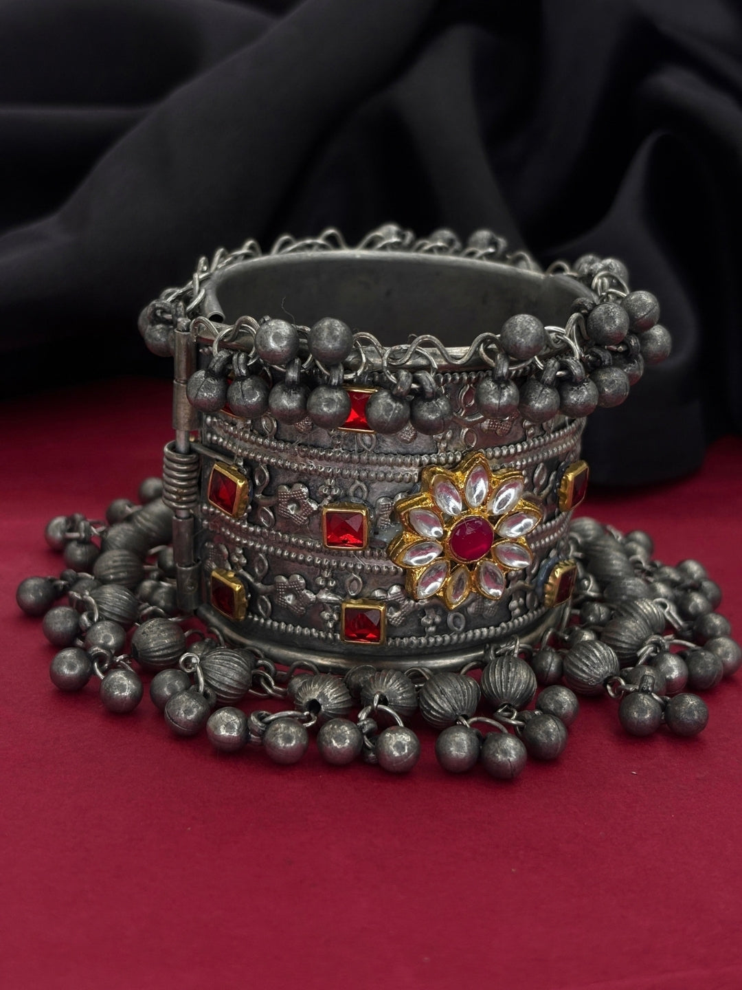 Silver-Plated Oxidised Red Stone Ghungroo Statement Kada Bangle Bracelet