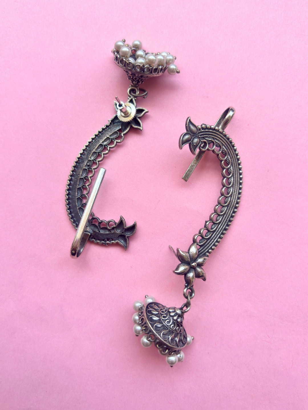 Oxidised Silver-Plated Floral Ear Cuff Jhumka Earrings