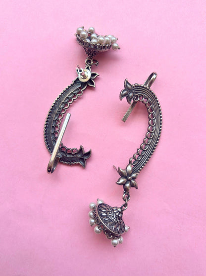 Oxidised Silver-Plated Floral Ear Cuff Jhumka Earrings