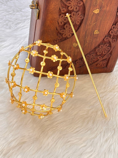 Gold-Plated Pearl Floral Hair Bun Accessory