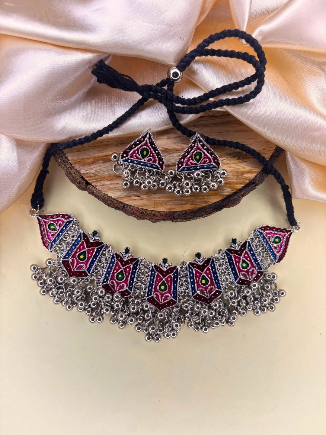 Oxidised Silver-Plated Multicolour Tribal Choker Jewellery Necklace Set